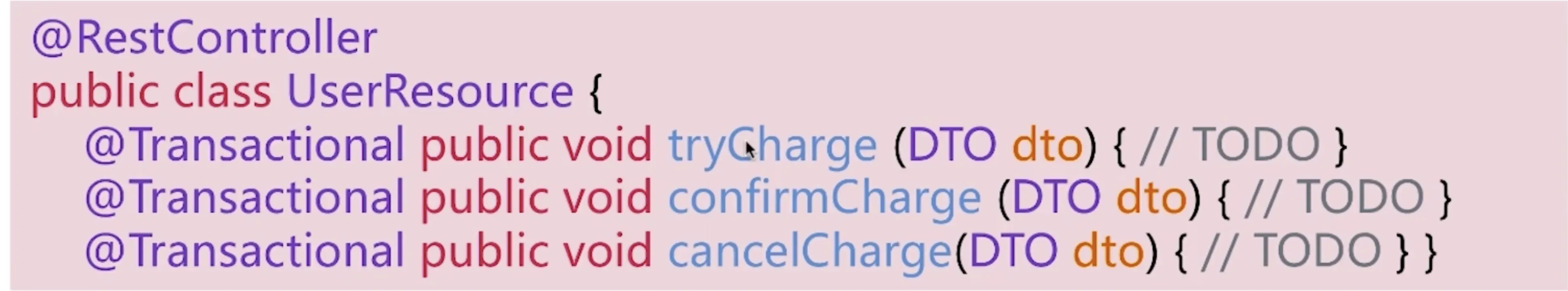TCC UserResource 代码：tryCharge / confirmCharge / cancelCharge 三个方法